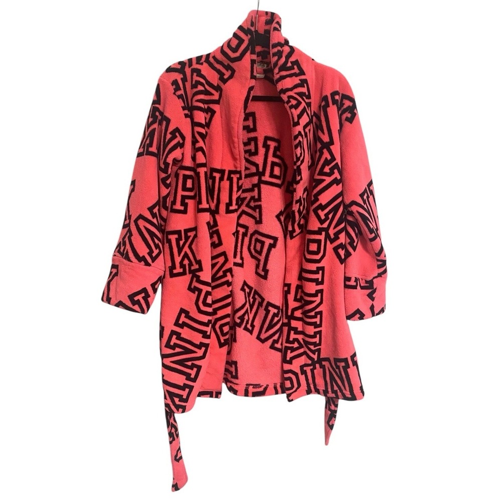 Victorias Secret PINK Womens Plush Robe Hot Pink & Black All Over Logo XS Comfy - Picture 2 of 5